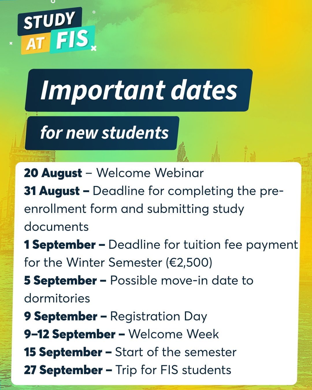 👉Here are some important dates📅 for all newly admitted students.
If you have any questions❓ or concerns, please visit the FIS website or contact your study coordinator.
We wish you a wonderful remainder of your summer vacation☀️🏖 and look forward to seeing you soon—both at the welcome webinar and on Registration Day at VŠE in Prague.
#startofthesemester #newtoschool #welcomewebinar #newsemester #registrationday #askstudents #fisbachelor #fismaster
