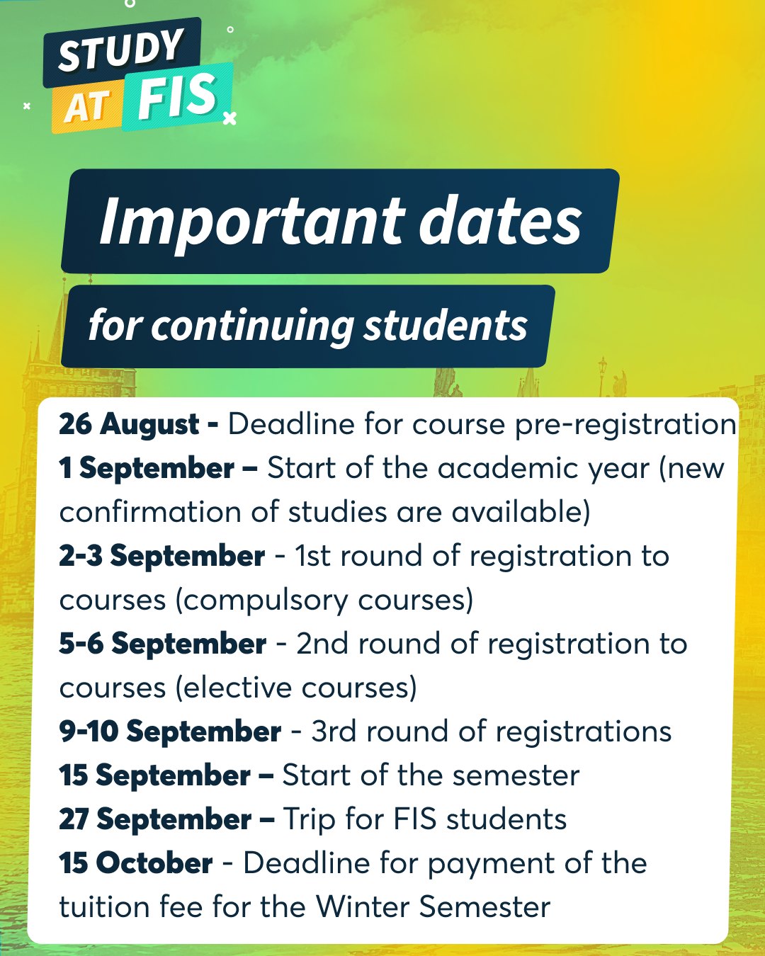 🤔What to Keep in Mind Before the New Semester Starts
👉If you're entering your second or third year, please remember that you need to register for your timetable yourself. Have you already completed your course registration?
👉The new semester begins on 15 September📅, so it's a good time to start preparing for the academic year. In the meantime, we wish you a wonderful rest of your summer vacation!☀️🏖
#prepareforthenewsemester #courseregistrations #startofthesemester #askstudents #fisbachelor #fismasters @vseinternationalstudents