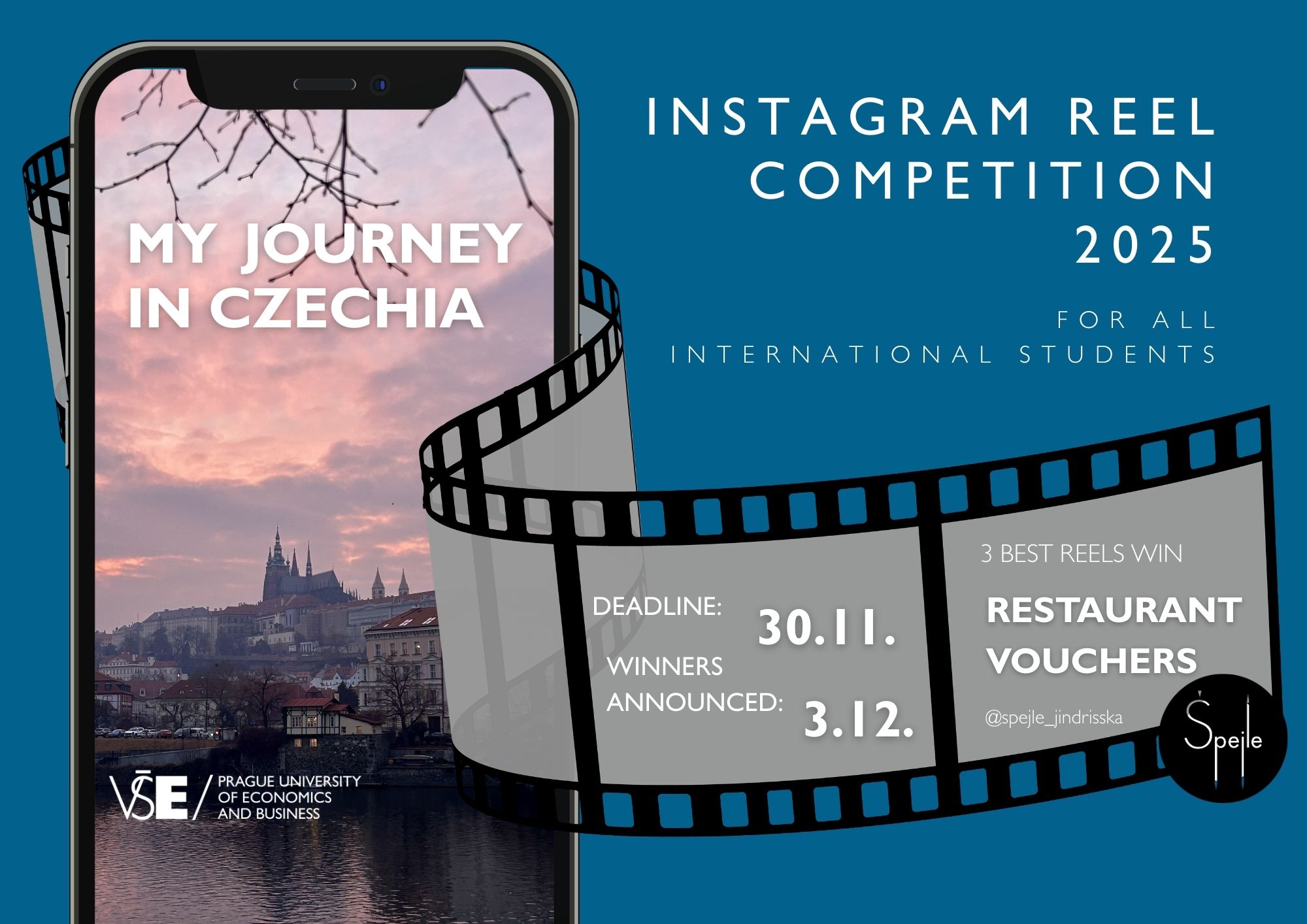 👉VSE International Office invites all foreign students at the Prague University of Economics and Business to join the Instagram Reel Competition 2025: My Journey in Czechia.
👉Create a reel (20–60 sec, max 1 GB)📽️and submit it before November 30!
Prizes:
1st place: 1500 CZK voucher (Špejle restaurant)
2nd place: 1000 CZK voucher (Špejle restaurant)
3rd place: 500 CZK voucher (Špejle restaurant)
#reelcompetition #myjorneyinczechia @vseinternationalstudents #fisbachelor #fismasters