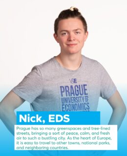📣 Meet Our FIS Student Ambassadors!
✨ Say hello to Nick – back for his second year as an FIS Student Ambassador!
He’s  is a student in the Bachelor’s program Economic Data Science 📊💻 and sharing his journey with you.
💬 Got questions about student life at FIS? Drop them in the comments!

🖊Hi y’all! My name is Nick, and I am from North Carolina, USA. I am an avid traveler, hiker, and adventurer, and I plan to make the most of any opportunity that comes my way. After years of dreaming of moving to the EU, I am thrilled to now be a bachelor’s student for the new Economic Data Science (EDS) program at VŠE.

I chose this program because it is highly focused and specialized in its field. After just a couple weeks here, it became incredibly clear that the courses we are taking are being carefully planned and coordinated to apply our knowledge across various courses.

I first visited Prague in 2021 and immediately fell in love with the city. Prague is incredibly walkable with one of the best public transportation networks in the world. Furthermore, Prague has so many greenspaces and tree-lined streets, bringing a sort of peace, calm, and fresh air to such a bustling city. As the heart of Europe, it is easy to travel to other towns, national parks, and neighboring countries.

As a new student trying to move to this country, I am incredibly grateful to be an ambassador for this school, and I am committed to paving the way for the future students. While I know moving to a new country can be challenging, I am happy to help ease the transitions for anyone – Please feel free to reach out!

#askstudents #fisbachelor #movingtoczechia #studentlife @studyinprague @fis_vse @vseinternationalstudents