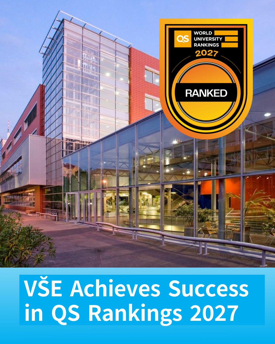 The Prague University of Economics and Business (VŠE) has been included for the very first time in the prestigious QS World University Rankings 2027.

This year, QS evaluated 8,808 universities from 106 countries, publishing results for the top 1,504 institutions worldwide. And VŠE is proudly among them.

🌍 Our Global Position
 1001–1200 worldwide

💼 Where VŠE Shines Most
 • International Students – 261st
 • Employer Reputation – 410th
 • Employment Outcomes – 440th

🇨🇿 Among Czech Universities
 • 3rd in Employment Outcomes
 • 4th in Employer Reputation
 • 5th in International Students

📈 A First for VŠE
This year marks the first time VŠE has been included in the QS World University Rankings. Until now, the university had been recognised mainly in the QS Rankings by Subject, where it has regularly achieved strong results in business and economics-related fields.
As a specialised university competing with large comprehensive institutions worldwide, this achievement is an important milestone. Our strongest results in International Students, Employer Reputation, and Employment Outcomes show that VŠE's international visibility and impact continue to grow.

👉 Stay tuned — the QS Rankings by Subject 2027 will be released in March!

#qsranking #topuniversities #QSranked #pragueuniversityofeconomicsandbusiness