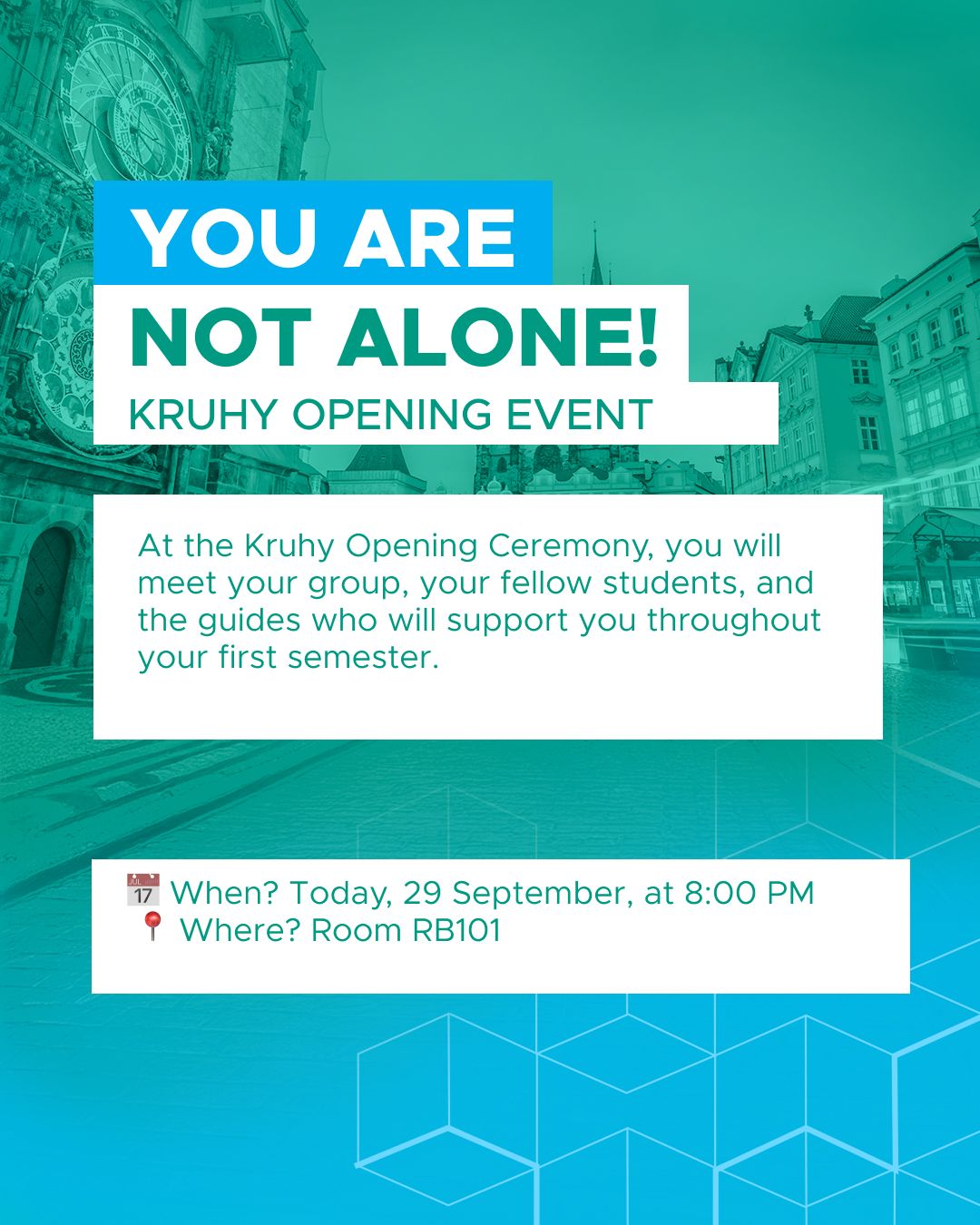 At the Kruhy Opening Ceremony, you will meet your group, your fellow students, and the guides who will support you throughout your first semester.

The programme starts with a fun outdoor team challenge, followed by a chance to relax, chat, and celebrate together in Riegrovy Sady. 🍻

Dress warmly, wear comfortable shoes, and come kick off your studies at FIS with people from your programme!

📅 When? Today, 29 September, at 8:00 PM
 📍 Where? Room RB101

We look forward to seeing you there!

@4fis_kruhy @4fisclub @fis_vse