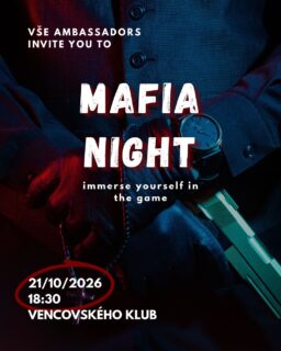 👉Mafia Night
Ambassdors VŠE invites you to a Mafia Night. A game based on psychological deception, strategy, and teamwork. It simulates a conflict between an informed minority (the Mafia) and an uninformed majority (the Citizens).
👉 Come and check whether you are clever enough to be the winner.
🗓️21.10.2026
⏰18:30
📍Vencovského Klub

@vseinternationalstudents #mafianight #comeandhavefun #pragueuniversityofeconomicsandbusiness @vseinternationalstudents