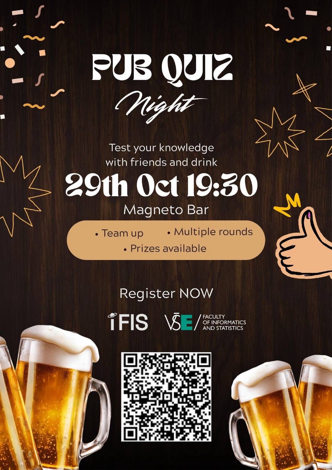 📅 Thursday, 29 October
🕢 19:30
📍 Magneto Bar, Prague (Jarov dormitories)
🧠 3 rounds of questions
🌍 International teams
🏆 Prizes for the winners
Come with friends or build a team on the spot. Everyone from FIS is welcome.
This is the first event organised by students, for students. Want to help shape what comes next? Join iFIS and help us run events, content and partnerships. DM us to get involved.
👉 Register here: forms.cloud.microsoft/e/tKCt2XarrR
The Pub Quiz is just the start. Follow @ifisstudents  so you're first to know what's next.